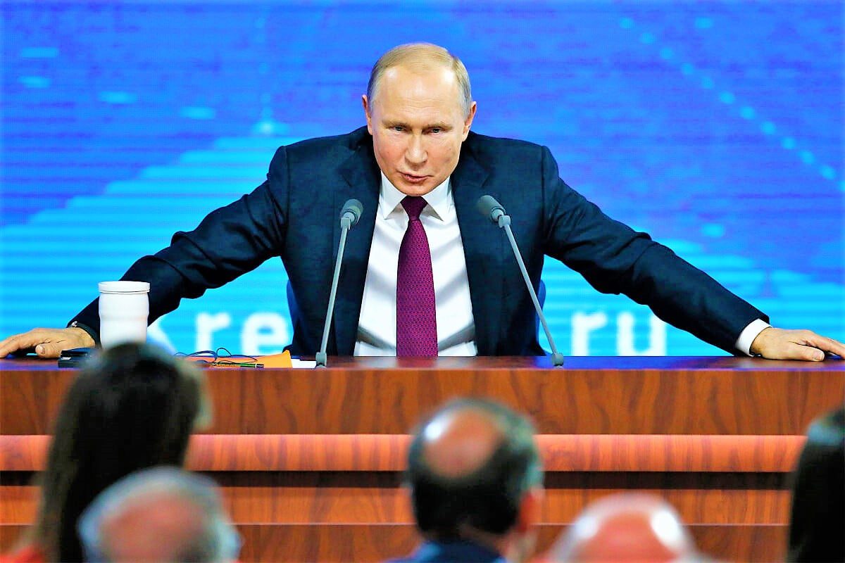 Russian President Vladimir speaks during his annual news conference in Moscow, Russia, Thursday, Dec. 20, 2018. Speaking at news conference Thursday, Putin pointed at the U.S. intention to withdraw from the 1987 Intermediate-Range Nuclear Forces (INF) Treaty. He said that if the U.S. puts intermediate-range missiles in Europe, Russia will be forced to take countermeasures. (AP Photo/Alexander Zemlianichenko)