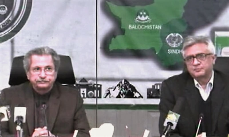 Federal Education Minister Shafqat Mahmood and Special Assistant to the Prime Minister on Health Dr Faisal Sultan address a press conference in Islamabad on Monday.