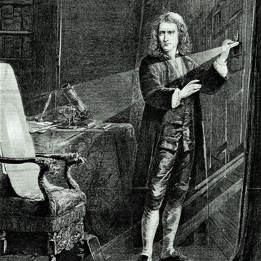 Isaac-Newton-sunlight-study-optics-prism-engraving-1879