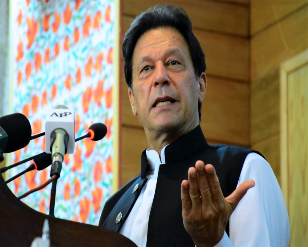 Pakistan's Prime Minister Imran Khan addresses the legislative assembly in Muzaffarabad, the capital of Pakistan-controlled Kashmir on August 5, 2020 AFP