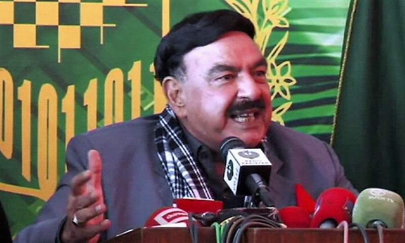 Sheikh Rashid speaks to the media in Rawalpindi on Saturday.