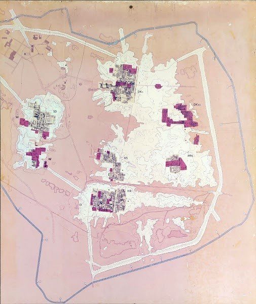 Site map of the excavated area of Mohenjo-Daro, displayed at the National Museum of Karachi. The city is believed to be much larger than depicted.